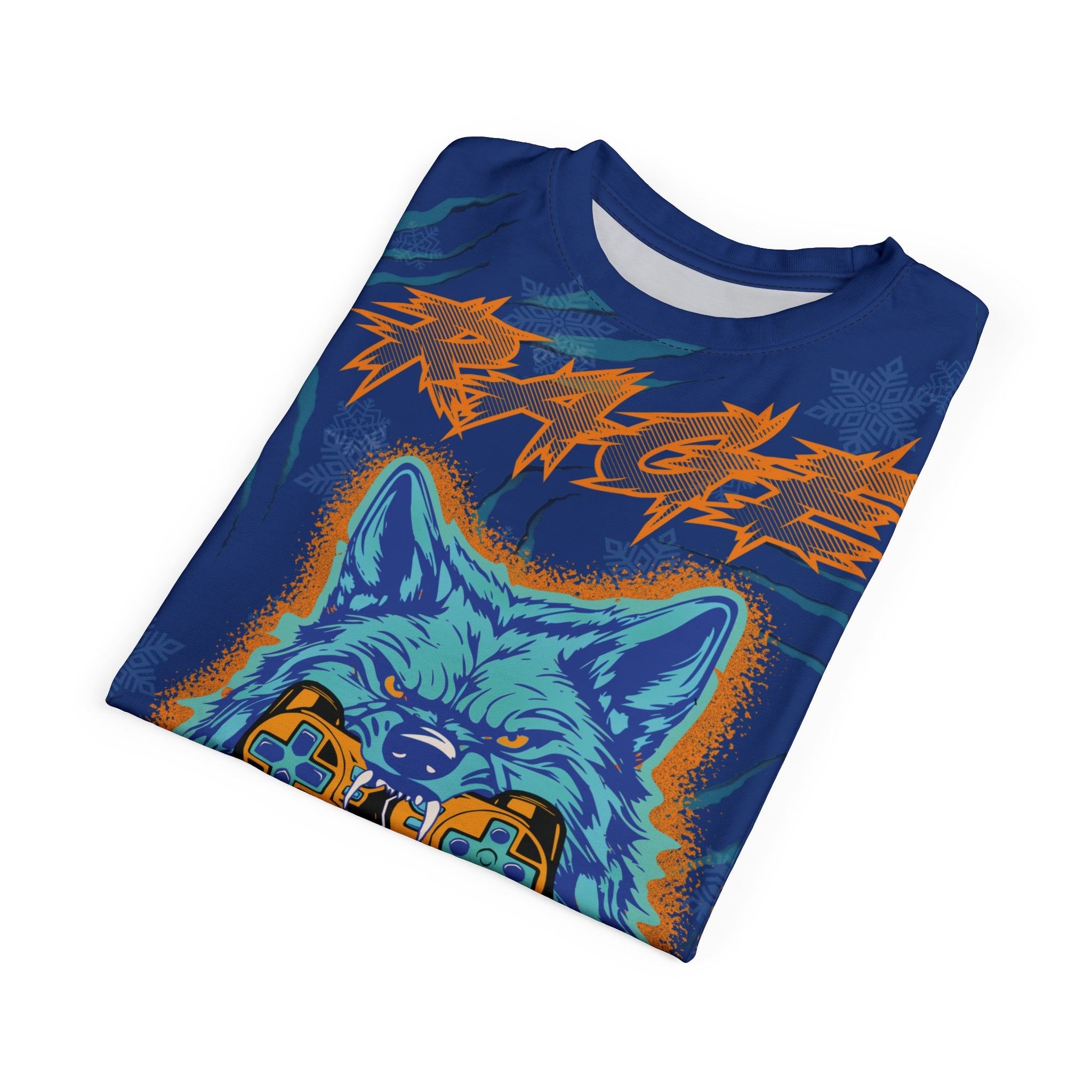 Rage Quit Gaming Wolf Tee — Berserker Blue Neon Controller All-Over Print