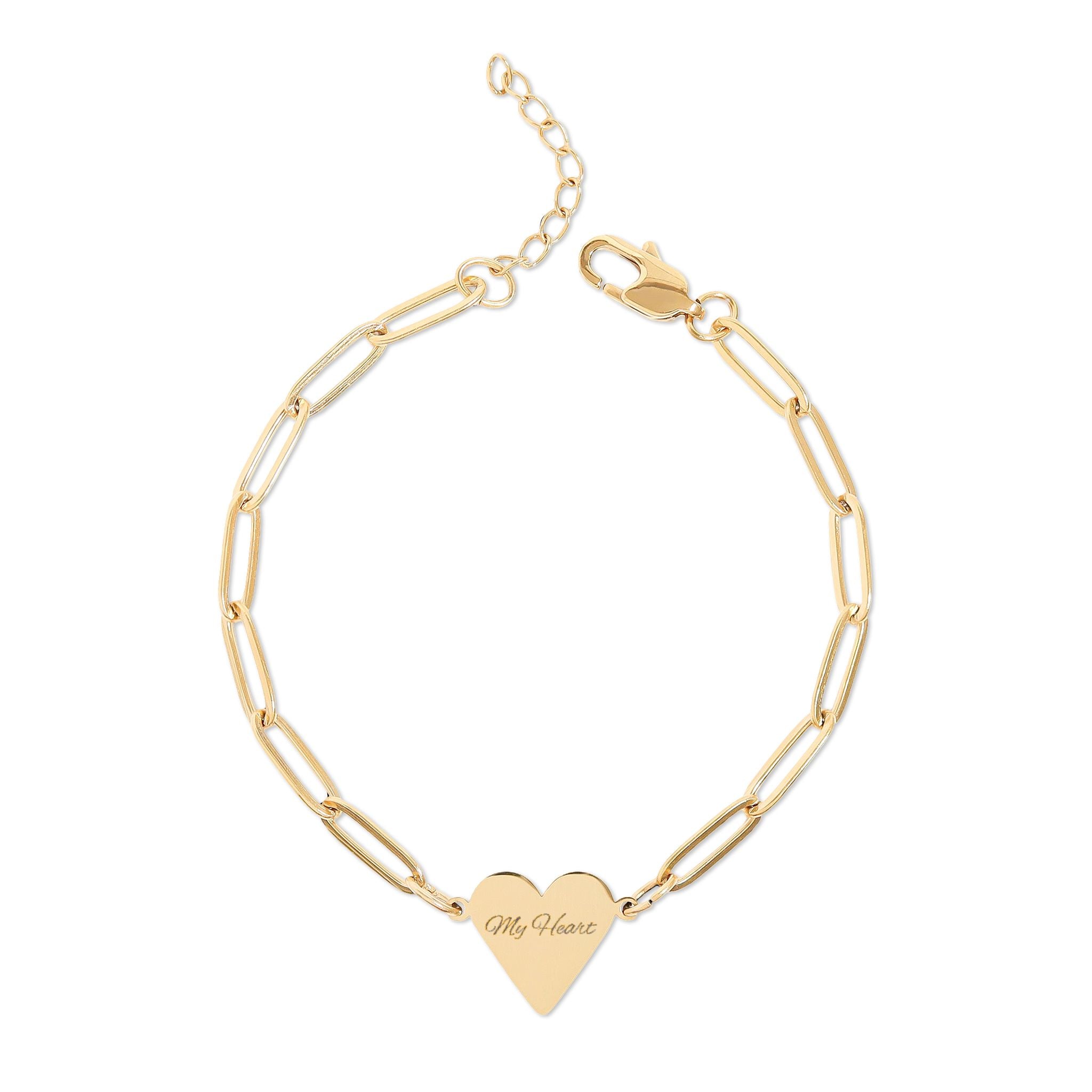 Engravable Paperclip Heart Bracelet — Personalized Gold or Rose Gold Chain Gift for Valentines Day