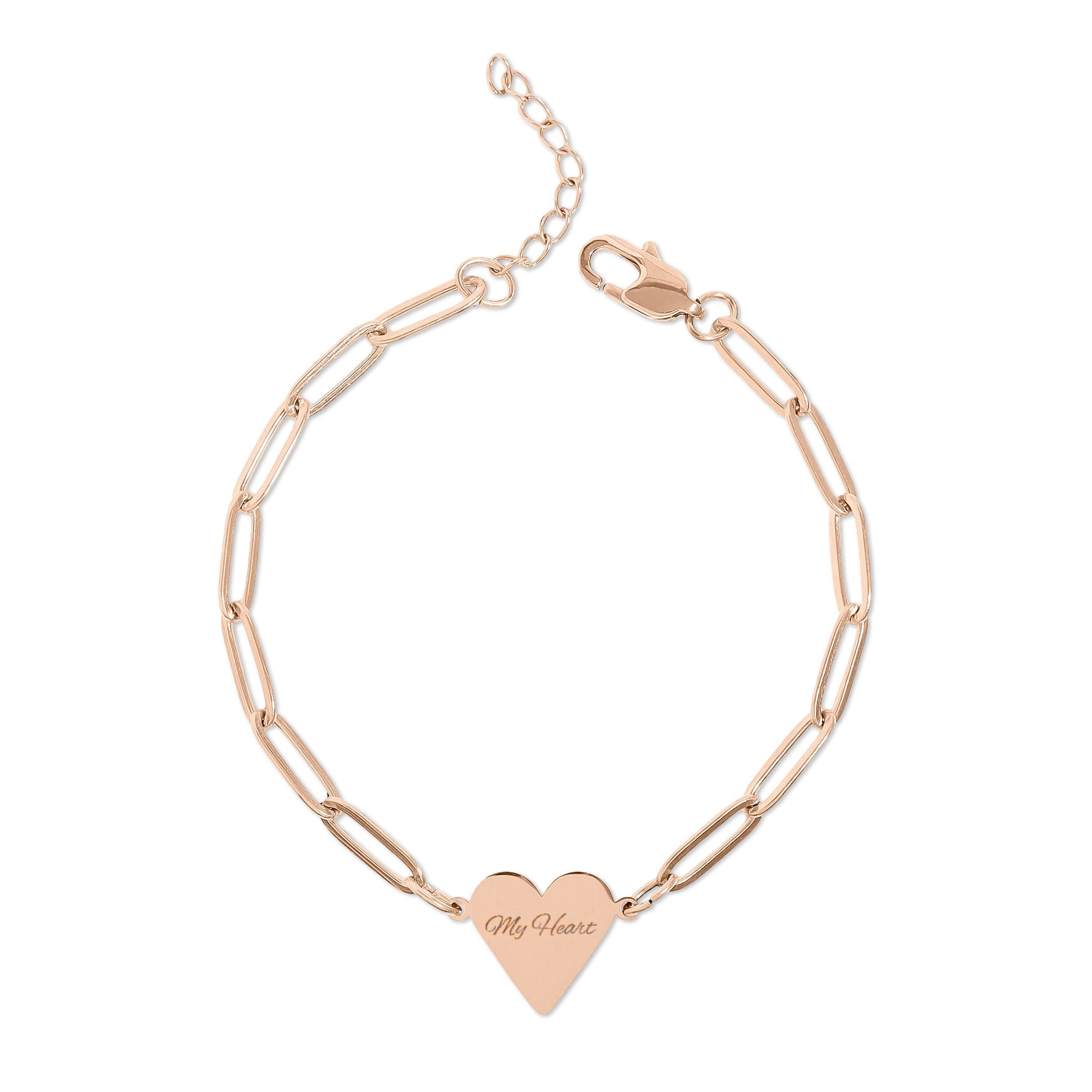 Engravable Paperclip Heart Bracelet — Personalized Gold or Rose Gold Chain Gift for Valentines Day