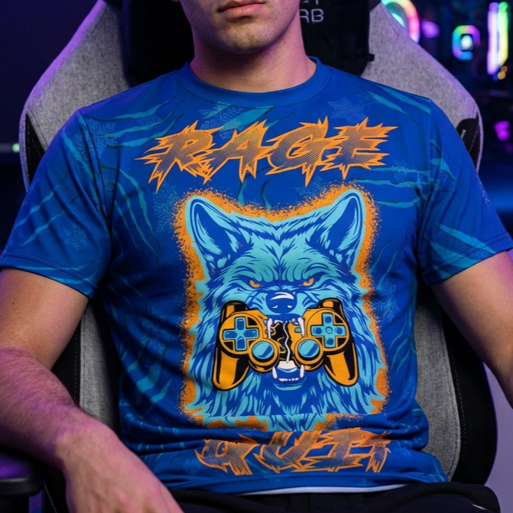 Rage Quit Gaming Wolf Tee — Berserker Blue Neon Controller All-Over Print