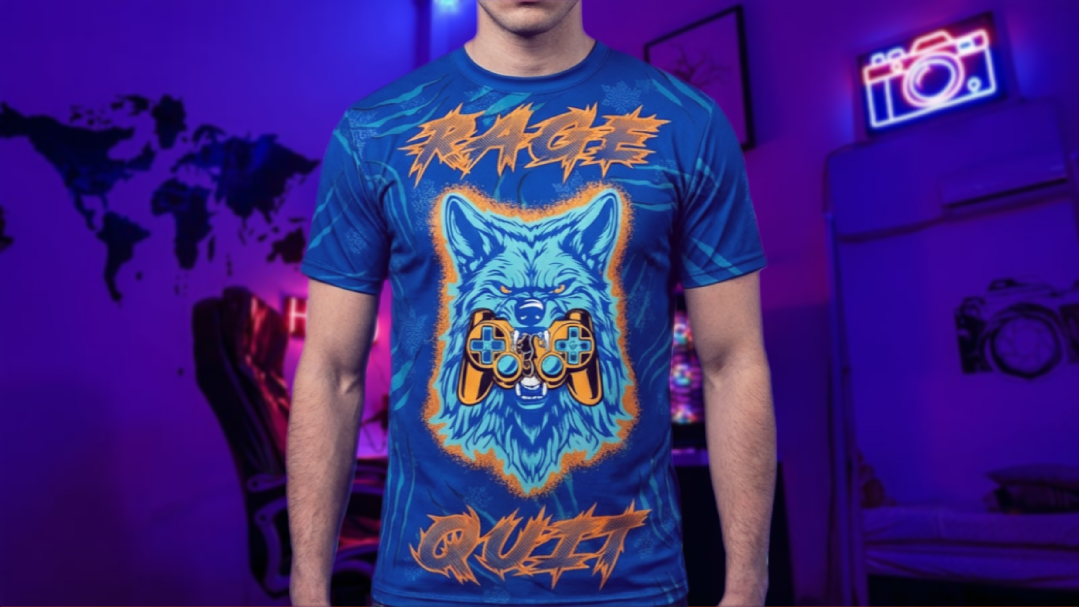 Rage Quit Gaming Wolf Tee — Berserker Blue Neon Controller All-Over Print